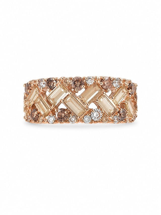 Rose Gold Ring with Champagne Baguette Stones & Cubic Zirconia Accents: Rose gold ring featuring a wide band design set with rectangular champagne-colored baguette stones, accented by round clear and brown-toned cubic zirconia stones throughout. Ring size 9. Ships from Ne