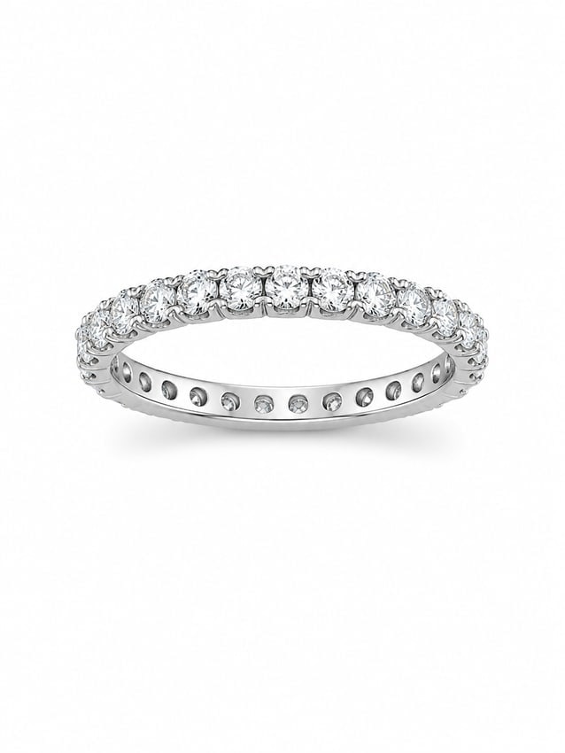 Sterling Eternity Ring with Cubic Zirconia Stones: Sterling silver eternity style ring featuring a continuous row of round clear cubic zirconia stones set around the band. Stamped “925” for sterling silver. Ring size 8. Ships from Newport Beac