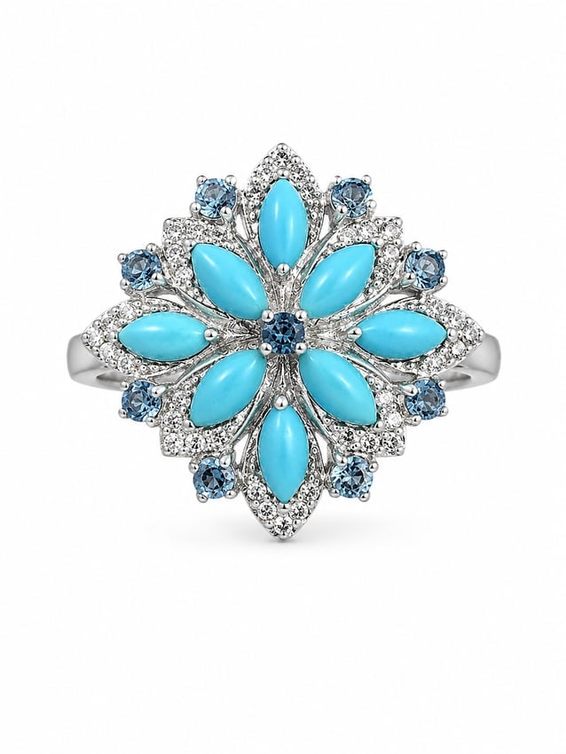 Silver Floral Ring with Turquoise Blue & Clear Stones