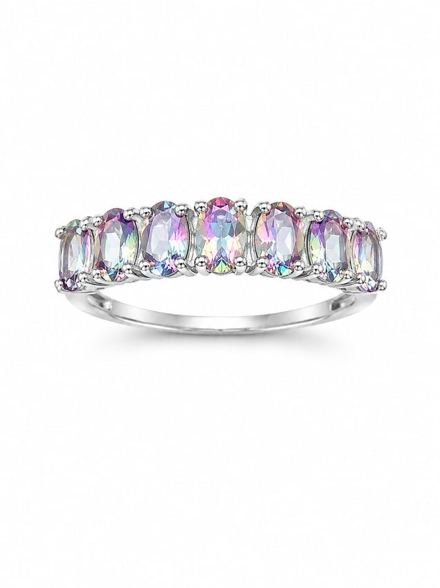 Silver Ring with Mystic Topaz Oval Stones: Silver ring featuring a graduated row of oval faceted stones with a mystic topaz iridescent appearance, displaying flashes of pink, blue, green, and violet across the setting.Ships from Newport Beach,