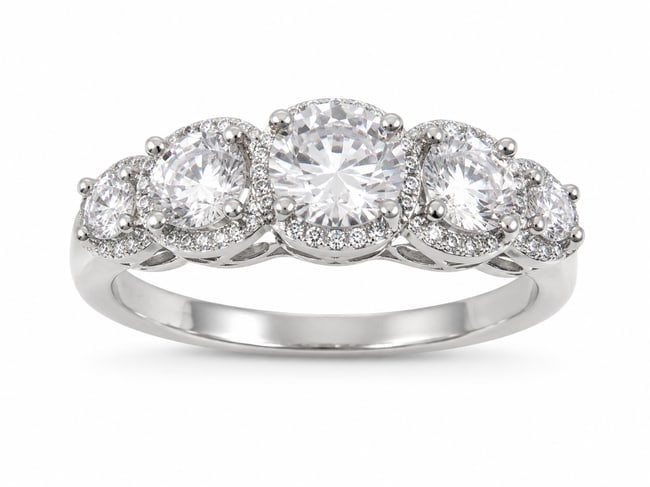Silver Five-Stone Ring with Moissanite Round Center Stones & Cubic Zirconia Accents: Silver ring featuring five graduated round clear stones with a moissanite appearance, each framed by smaller clear cubic zirconia accents in a scalloped halo setting.Ships from Newport Beach, CA. Prev