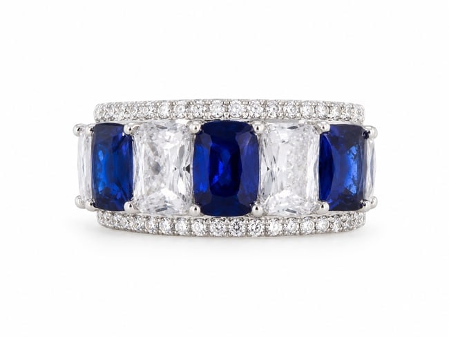 Silver Ring with Sapphire Cushion Stones, Moissanite Clear Stones & Cubic Zirconia Accents