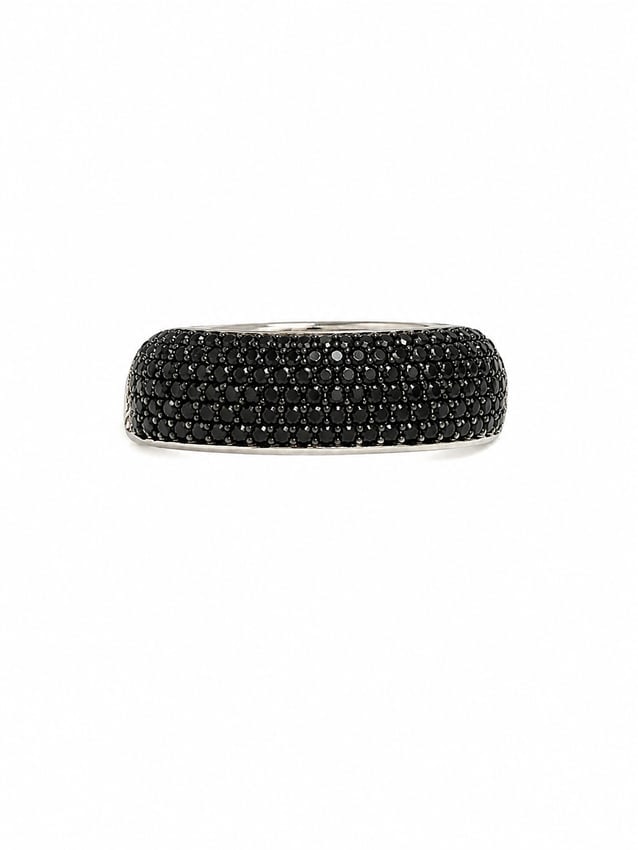 Silver Pavé Ring with Black Onyx Cubic Zirconia Stones: Silver ring featuring a wide domed band densely set with multiple rows of round black cubic zirconia stones with an onyx appearance in a pavé setting. Size 8. Ships from Newport Beach, CA. Previous L