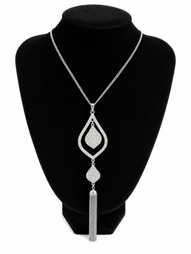 Silver Tassel Pendant Necklace with Pavé Cubic Zirconia Drop Design (1 of 3)