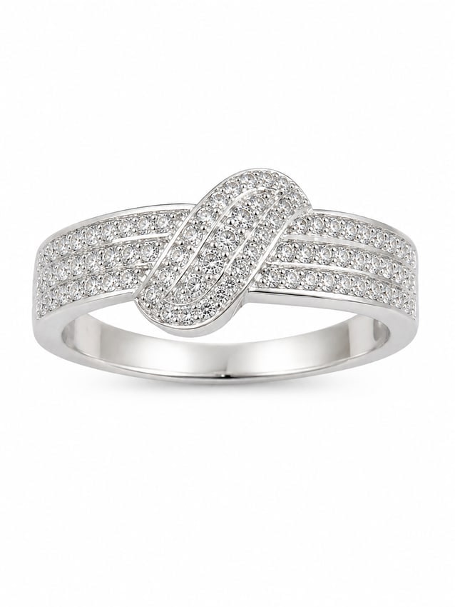 Sterling Silver Pavé Clear Stone Interlocking Swirl Ring: 925 sterling silver ring featuring an interlocking crossover swirl design accented with multiple rows of clear pavé stones. The wide band and layered center create a dimensional design with clear sto
