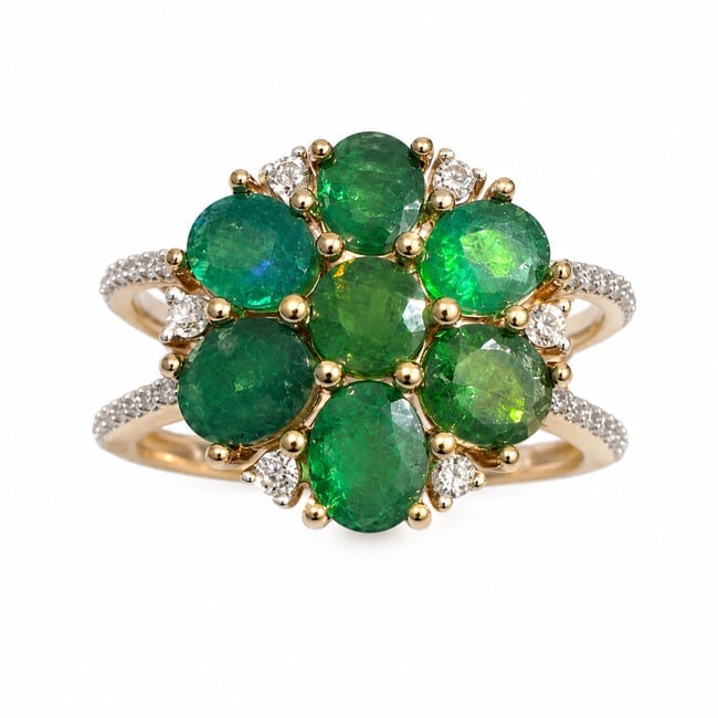 Gold Emerald & Clear Stone Floral Cluster Statement Ring