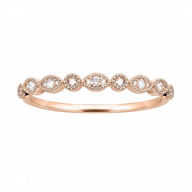 Rose Gold Clear Stone Milgrain Marquise Stackable Band Ring: Rose gold ring featuring alternating round and marquise-shaped settings accented with clear stones. Fine milgrain detailing frames each setting, creating a delicate vintage-inspired pattern across the