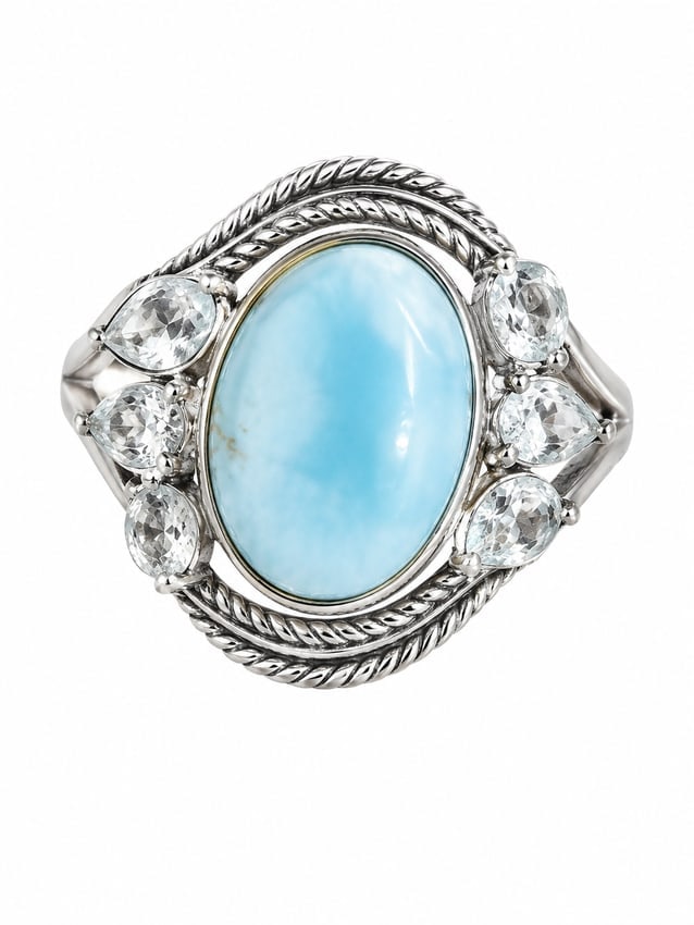 Silver Larimar & White Topaz Statement Ring