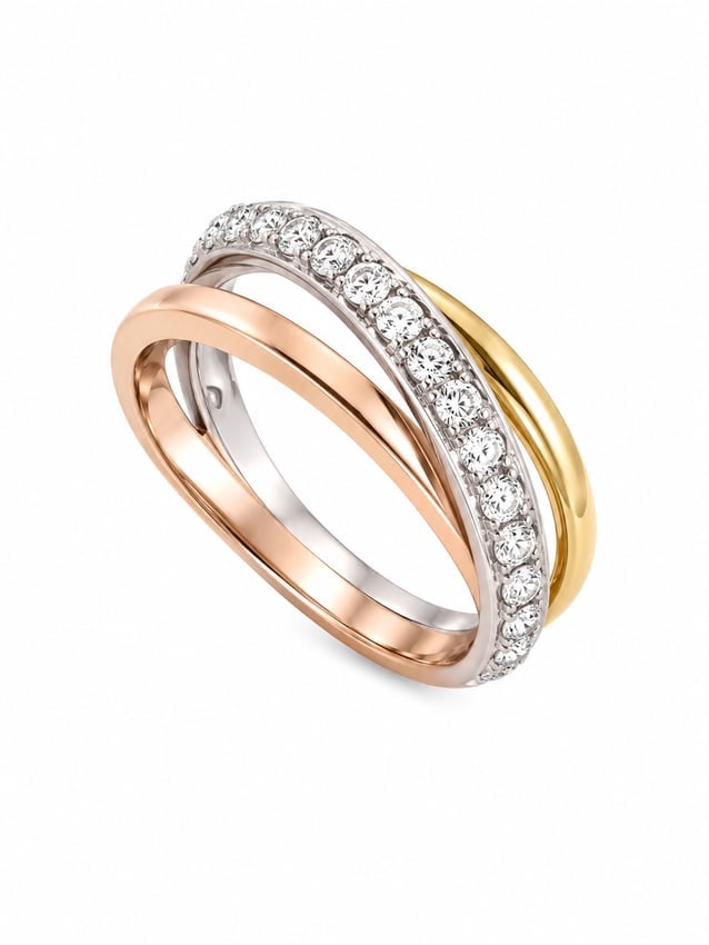 Tri-Color Gold Clear Stone Interlocking Three-Band Ring
