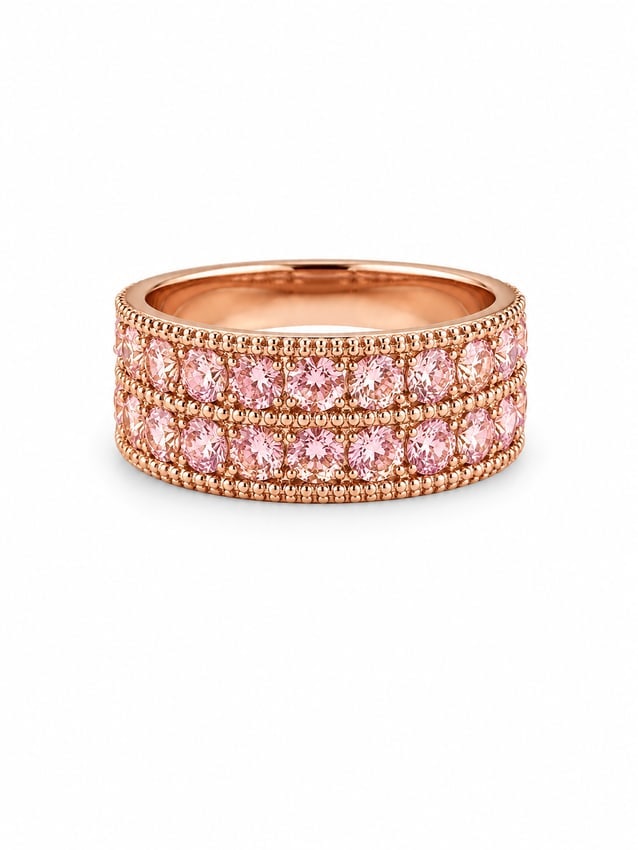 Pink Sapphire Double Row 925 Rose Gold Ring: 925 ring featuring two rows of round-cut pink sapphire-like stones in a wide rose gold setting. Detailed beaded borders frame the stones for a structured double-row design. Size 8 and marked 925. Ship