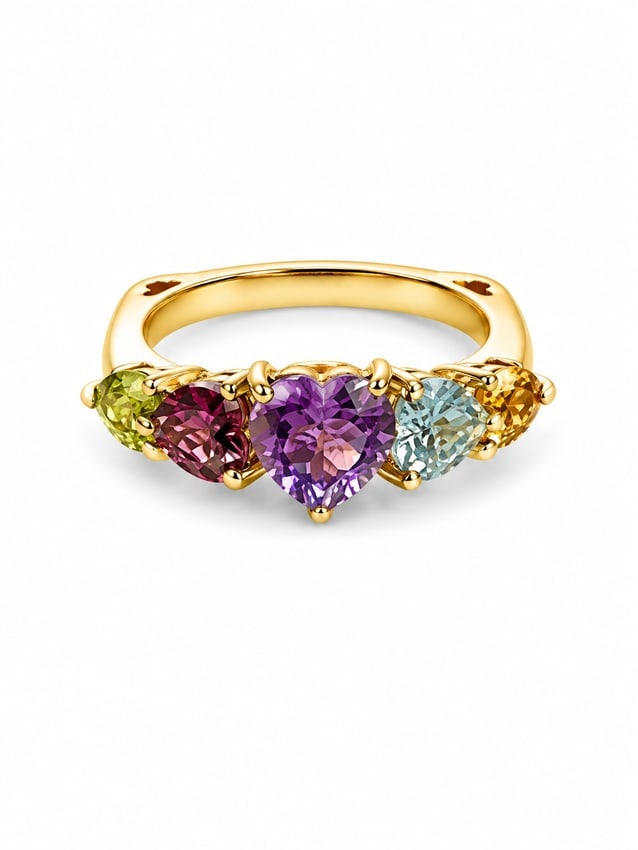 Multi-Gemstone Heart Cut 925 Gold Ring: 925 gold ring featuring a colorful row of heart-cut gemstones, including amethyst purple, garnet pink, aquamarine blue, citrine-colored golden yellow, and peridot-colored green stones. The larger purp