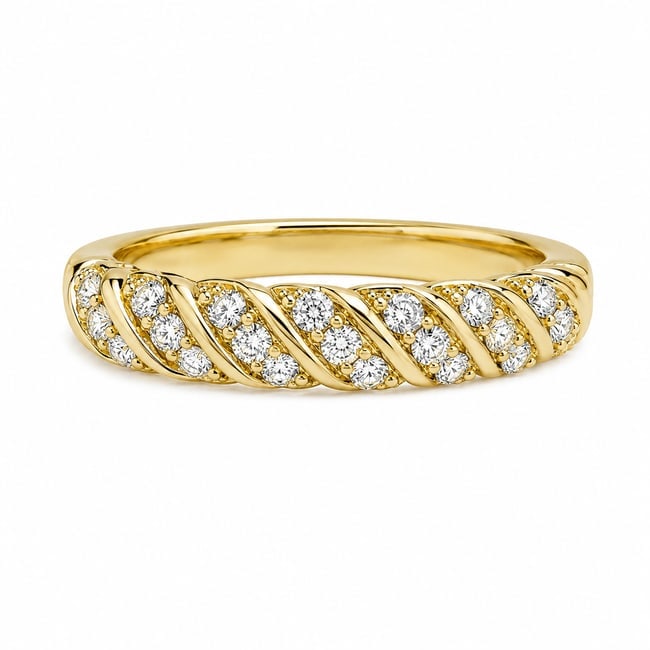 CZ Twist Band 925 Gold Ring: Gold ring featuring rows of round cubic zirconia arranged in a twisted, diagonal pattern across the band. The polished gold design creates a braided look between the sparkling CZ sections. Marked 925.