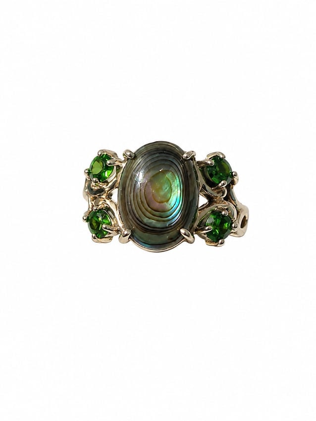 Abalone & Green Gemstone 925 Sterling Ring