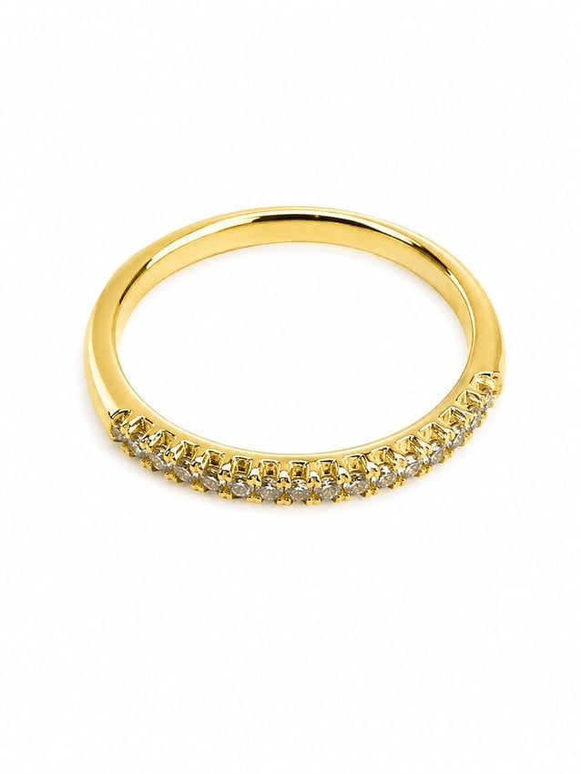 Sterling Gold Round CZ Half-Eternity Band Ring: Gold 925 sterling silver band featuring a classic row of round-cut CZ stones across the front in individual prong settings. A sleek polished band and sparkling half-eternity design make this an elegan