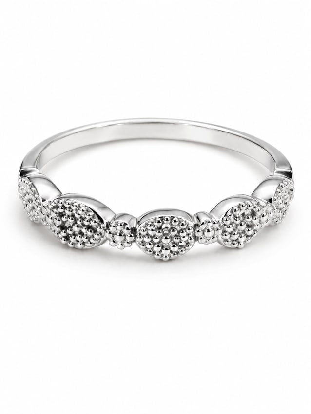 Sterling Beaded Floral Cluster Band Ring: 925 sterling silver ring featuring a decorative band of alternating round floral-inspired clusters with intricate raised bead detailing. The polished silver band and textured dimensional design give t