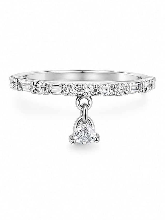 Sterling CZ Mixed-Cut Dangle Ring: 925 sterling silver ring featuring alternating round and baguette-cut cubic zirconia across the band. A sparkling trillion-cut CZ charm suspends from the center, adding movement and a distinctive fini