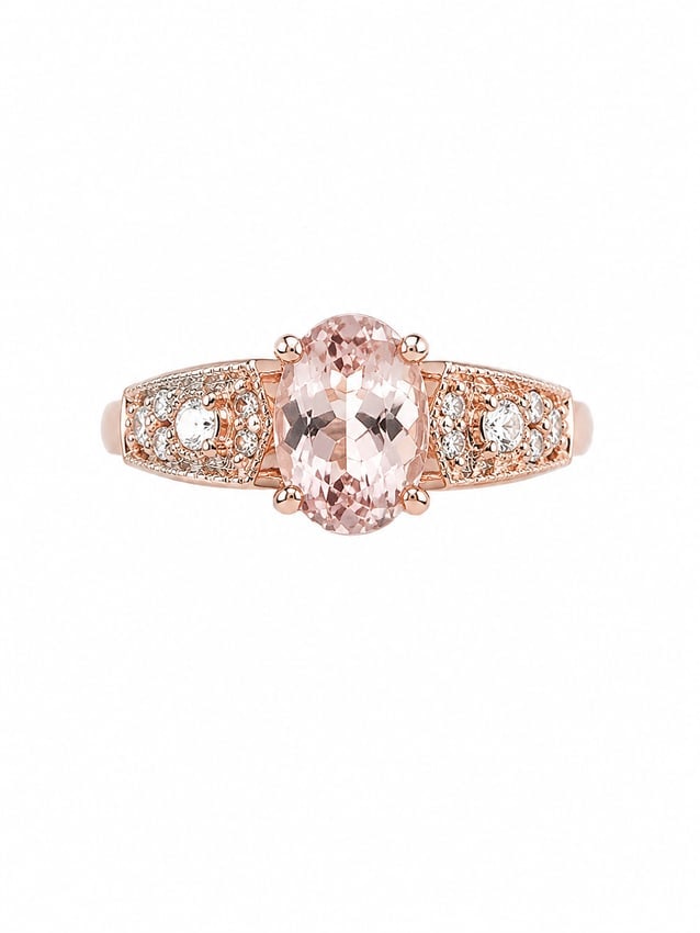Sterling Morganite Oval Rose Gold Ring: 925 sterling silver ring with a rose gold finish, featuring a large oval-cut morganite centerpiece in a four-prong setting. The shoulders feature ornate detailing with sparkling white stone accents, c