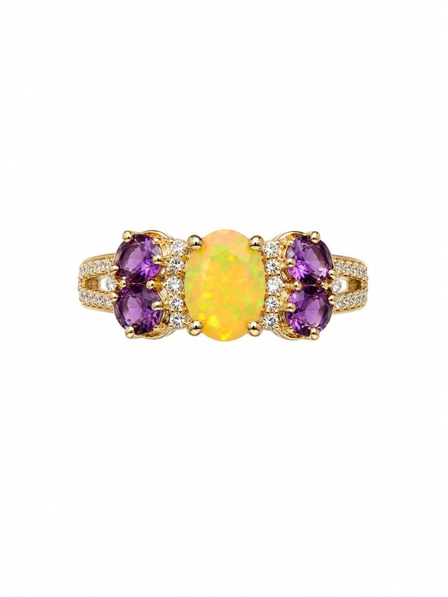 Sterling Opal & Amethyst Gold Ring: 925 sterling silver ring with a gold finish, featuring an oval opal center stone displaying vivid yellow-green fire. Four round amethyst stones flank the center, accented by sparkling white stones and