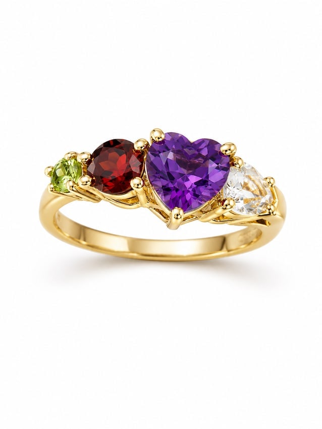 Amethyst Heart Multi-Gemstone Gold Ring: Gold ring featuring a prominent heart-cut amethyst accented by garnet, peridot, and a pear-cut white gemstone. The graduated multicolor gemstone arrangement creates a distinctive asymmetrical design. 