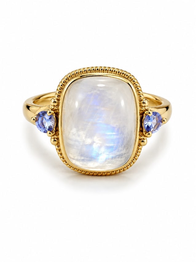 Three-Stone CZ 925 Sterling Silver Band Ring: Gold ring featuring a large rectangular cushion-shaped moonstone cabochon with luminous blue iridescent flashes, accented by round tanzanite stones on each side. Rope-style detailing frames the center
