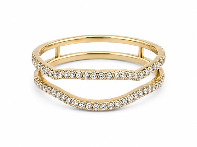 Gold CZ Double Wave Open Band Ring: Gold ring featuring a modern double-band wave design lined with rows of sparkling round cubic zirconia. The open layered construction creates a sleek, contemporary silhouette with continuous brillianc