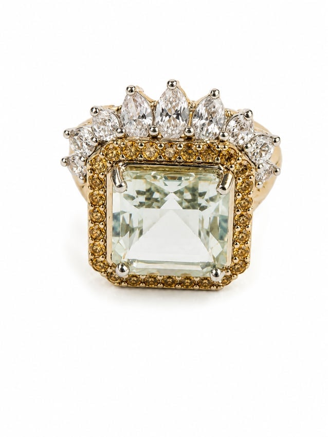 Sterling Gold Ring with Green Amethyst & Citrine Accents: Statement 925 sterling silver ring featuring a large square-cut pale green amethyst center stone framed by warm citrine-colored accents. The upper design is finished with a dramatic fan of marquise-cu