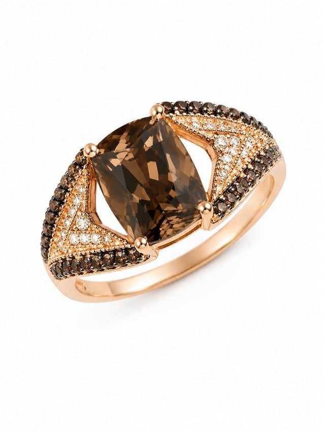 Sterling Silver Rose Gold Smoky Quartz Statement Ring: Bold 925 sterling silver ring featuring a large marquise-cut smoky quartz centerpiece in a rich chocolate-brown hue. The rose gold finish is accented with rows of deep brown stones and sparkling white