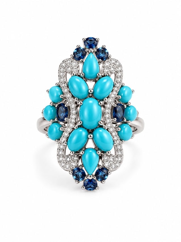 Sterling Turquoise & Blue Topaz Statement Ring: Bold 925 sterling silver statement ring featuring an ornate elongated design with vibrant turquoise cabochon stones in oval and pear shapes. Deep blue topaz accents and sparkling white crystals add