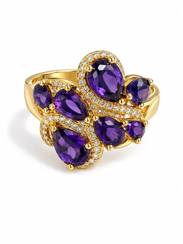 Gold Amethyst Multi-Stone Statement Ring with Crystal Accents: Bold gold ring featuring a dramatic cluster of rich purple amethyst stones in mixed pear and oval cuts. Sweeping rows of sparkling white crystal accents weave throughout the design, creating an
