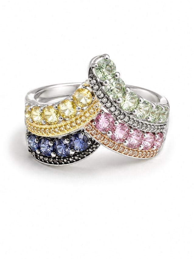 Sterling Silver Multicolor Gemstone Crossover Statement Ring: Colorful 925 sterling silver ring featuring sweeping crossover rows of faceted stones in soft green, yellow, pink, and blue. Each curved section is accented with intricate detailing and a mix of