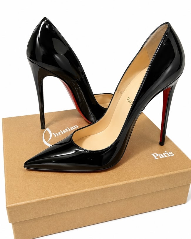 Christian Louboutin So Kate 120 Black Patent Leather Pumps – Size 40: Iconic Christian Louboutin So Kate 120mm pumps crafted in glossy black patent leather, featuring a sharply pointed toe, slender stiletto heel, and the signature red lacquered soles.Worn only once for 