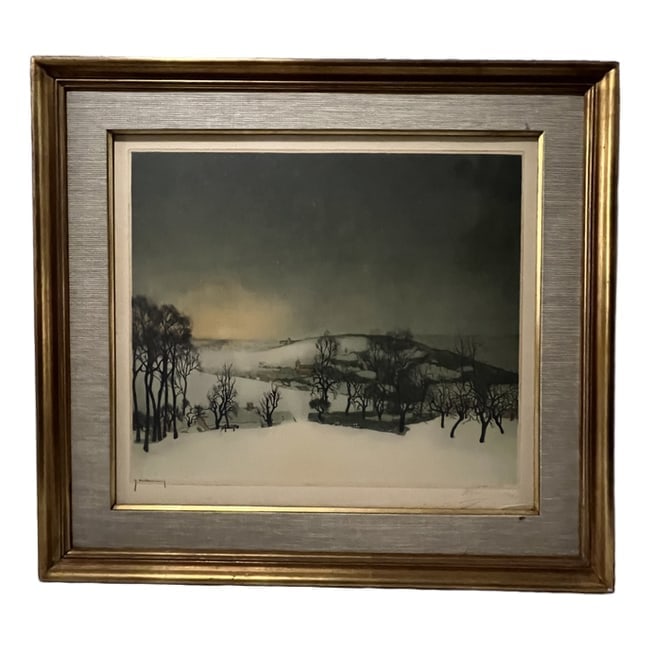 Valerius de Saedeleer | "Winterlandschap" (Winter Landscape) | Artist Proof Color Etching: Description: An Artist Proof color etching with engraving by Roger Hebbelinck, featuring the work of Valerius de Saedeleer. This piece is framed, but please note that the glass/fiber is broken.