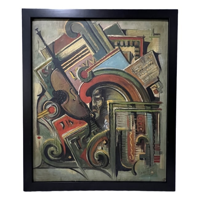 Barnet Robert Swartburg | "Concordi" | Oil on Wood: Description: An oil on wood painting by Barnet Robert Swartburg, titled "Concordi." The piece features a tag on the back from the "Third Annual Members Exhibition" at the Lowe Gallery (now the Lowe