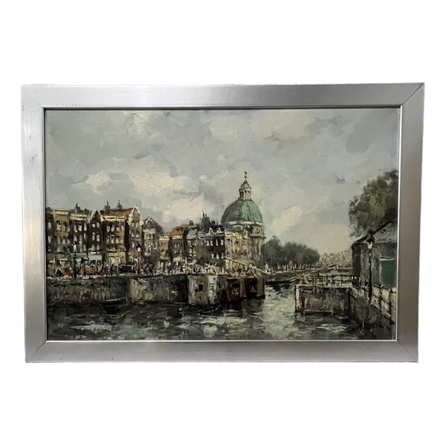 Leendert Verburgh | Amsterdam Waterway Scene | Oil on Canvas: Description: An oil on canvas painting featuring an Amsterdam waterway scene by Leendert Verburgh. This piece is professionally framed and ready for display. Artist: Leendert Verburgh Title: Amsterdam