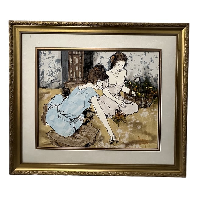 Bernard Dufour | "The Picnic" | Watercolor on Wood: Description: A watercolor on wood artwork after Bernard Dufour, titled "The Picnic." Please note, this piece is evaluated as a reproduction. It is professionally framed and ready for display. Artist: 