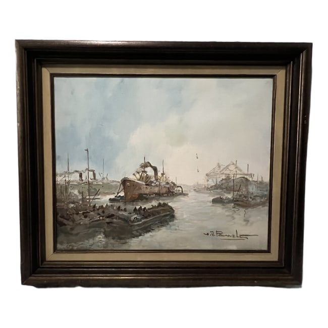 Henry Joseph Pauwels | "Antwerp Harbor" | Oil on Canvas: Description: An oil on canvas artwork by Henry Joseph Pauwels, titled "Antwerp Harbor." This piece is professionally framed and ready for display. Artist: Henry Joseph Pauwels Title: Antwerp Harbor Di