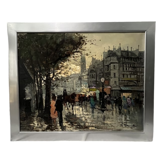 Remondini | Inclement Street Scene | Oil on Canvas: Description: An oil on canvas artwork by Remondini, titled "Inclement Street Scene." This piece is professionally framed and ready for display. Artist: Remondini Title: Inclement Street Scene Dimensio