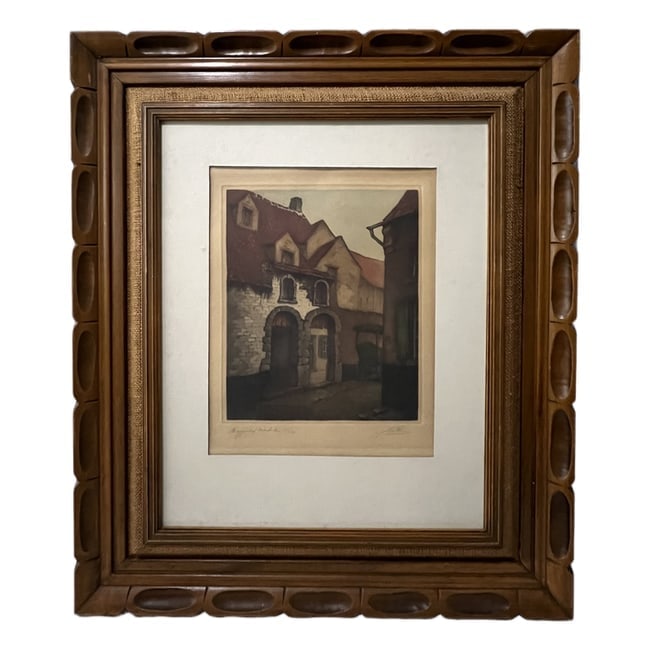 "Begijnhof Mechelen" | Signed & Numbered | Color Etching: Description: A limited edition color etching depicting the historic Begijnhof Mechelen in Belgium. The piece is numbered ~43/280 and hand-signed by the artist in pencil. It is professionally framed in