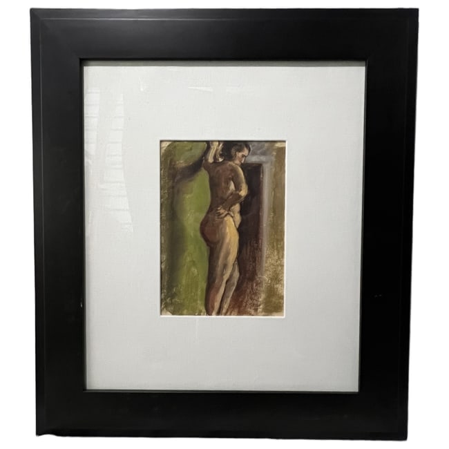 1932 Nude Study: Description: An original mixed media figurative work on paper. The piece is inscribed "6 2 32" in the lower left corner. Housed in a wide black frame with a large white mat. Please note the framing ut