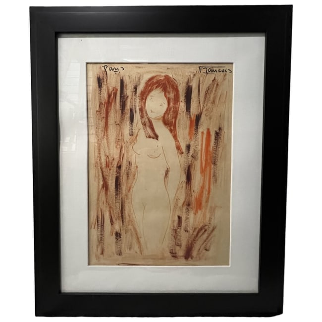 Francois | Nude Study | Inscribed "Paris": Description: An original mixed media figurative work on paper. The piece is signed "Francois" in the upper right corner and inscribed "Paris" in the upper left corner. The reverse of the frame bears