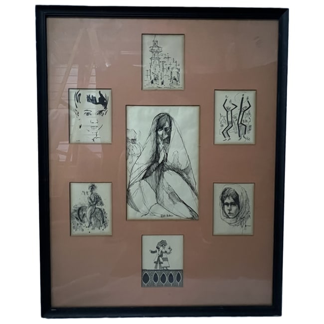 Bill Rubin | Original Ink Sketch Collage: Description: A framed collection of seven original ink sketches on paper. The central artwork depicts a cloaked, praying figure and is signed "Bill Rubin" near the lower edge. It is surrounded by six 
