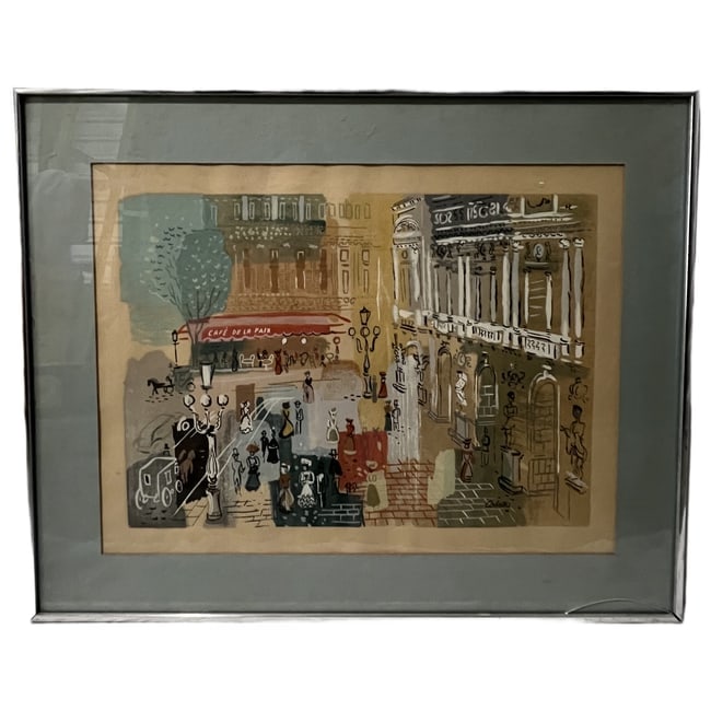 Charles Cobelle | Cafe de la Paix: Description: A figurative work on paper depicting a bustling Parisian street scene, featuring a central building with an awning reading "CAFE DE LA PAIX". The piece is signed "Cobelle" in the lower ri