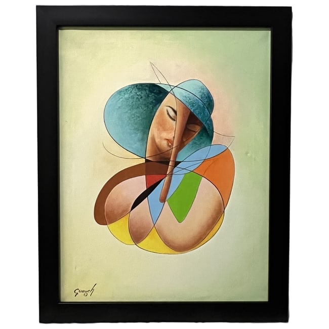 Guasch | Abstract Portrait of a Woman | Oil on Canvas: Description: An original oil on canvas painting depicting a stylized portrait of a woman in a wide-brimmed blue hat, composed of smooth curved lines and vibrant geometric color blocking. The piece is