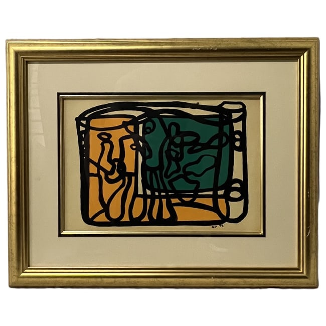 Amelia Peláez | Abstract Composition | 1958: Description: A striking mid-century print featuring bold, winding black linework over yellow and teal color blocks. The piece is signed and dated "AP 58" in the matrix in the lower right corner. This 