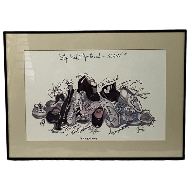 Gacci | "Step-kick, Step-touch - AGAIN" | A Chorus Line: Description: A vintage 1977 print by Gacci, known as the "Broadway Shoe Portraitist." The piece depicts a stylized pile of character shoes, tap shoes, and ballet slippers belonging to the cast of the 
