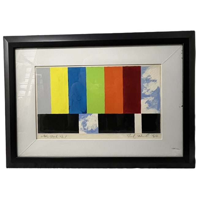 Frank | "White Cloud No. 7" | 1985: Description: An original mixed media painting on paper showcasing a striking 1980s pop-art aesthetic. The composition features a vibrant geometric grid heavily inspired by a classic SMPTE television c