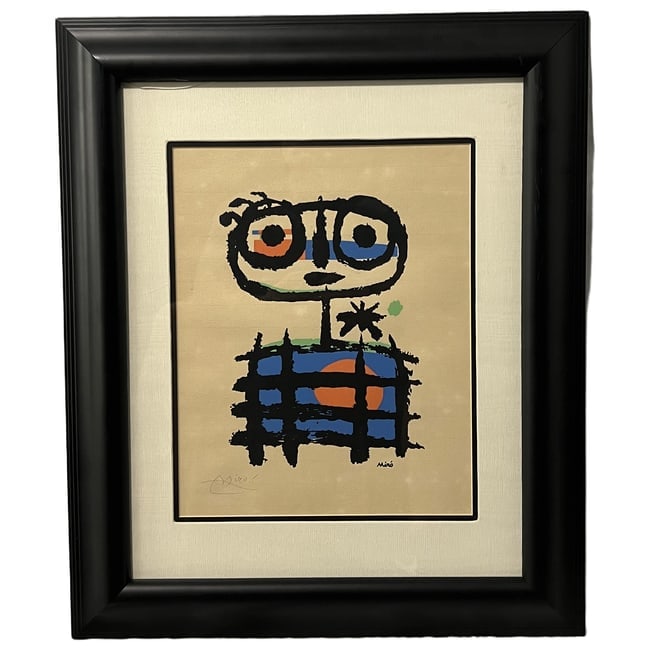 Joan Miró | Pencil Signed Abstract Print: Description: A surrealist color print featuring characteristic biomorphic abstract forms and bold graphic lines. The piece is pencil-signed "Miró" in the lower left margin and includes a printed sign