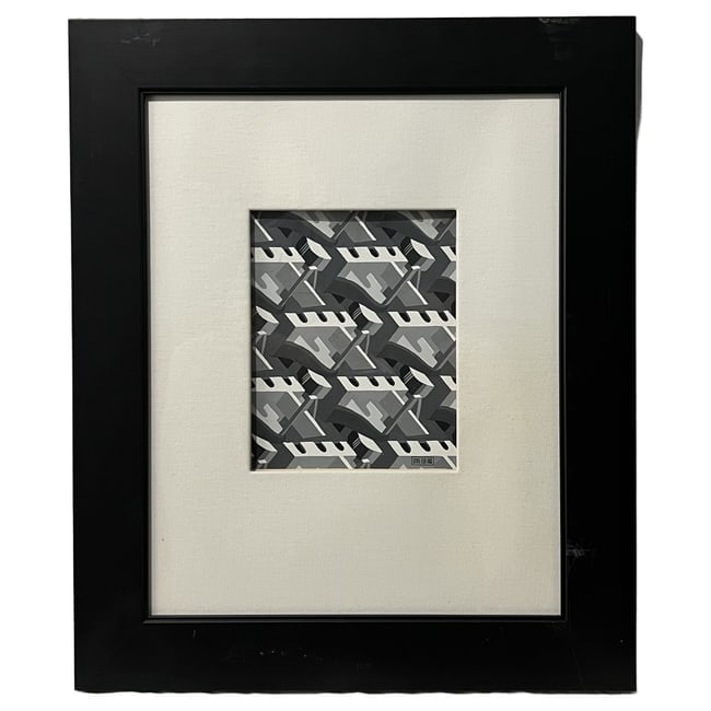 M.C. Escher | Geometric Tessellation Print: Description: A graphic print featuring a classic interlocking geometric tessellation pattern in a striking grayscale and black palette. The piece incorporates the artist's monogram signature "M.C.E." 
