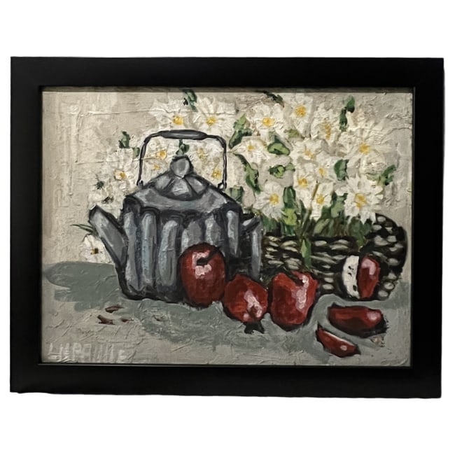 Still Life with Teapot and Fruit | Oil on Canva: Description: An original textured oil on canvas still life painting featuring a metal teapot, fruit, and a basket of white blossoms against a muted background. It is housed in a simple black frame. It