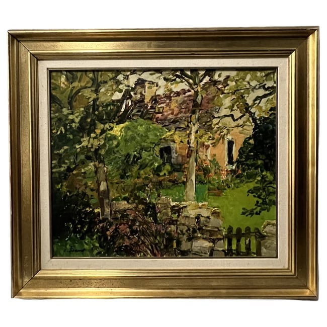 Claude Jousset | "Vieille maison en Dordogne" | Oil on Canvas: Description: An original oil on canvas landscape painting depicting a traditional French country house and garden setting. The piece is signed "c. Jousset" in the lower left corner. The reverse of the